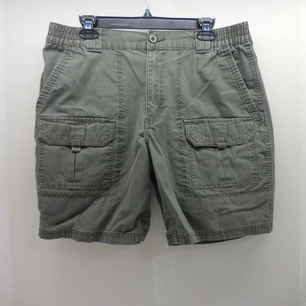 Basic Editions Mens Olive Green Cotton Cargo Shorts Elastic Waist Size Medium